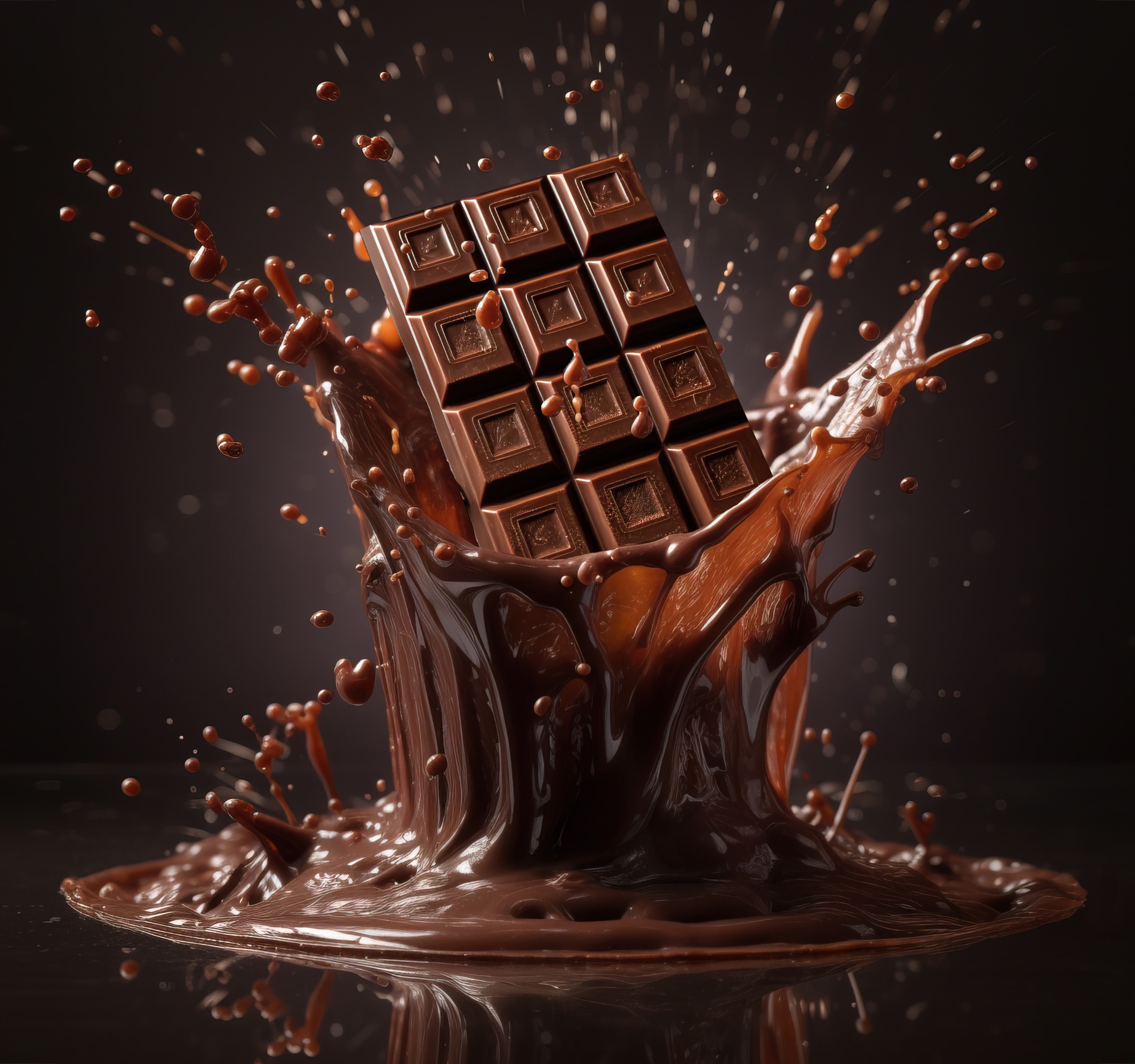 Tablette de chocolat noir tombant dans un jet de chocolat liquide