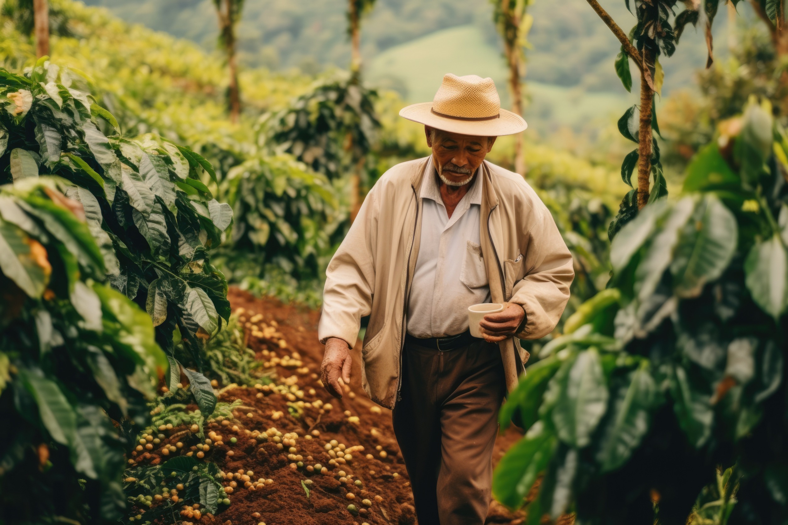 Un agriculteur dans un champ de café