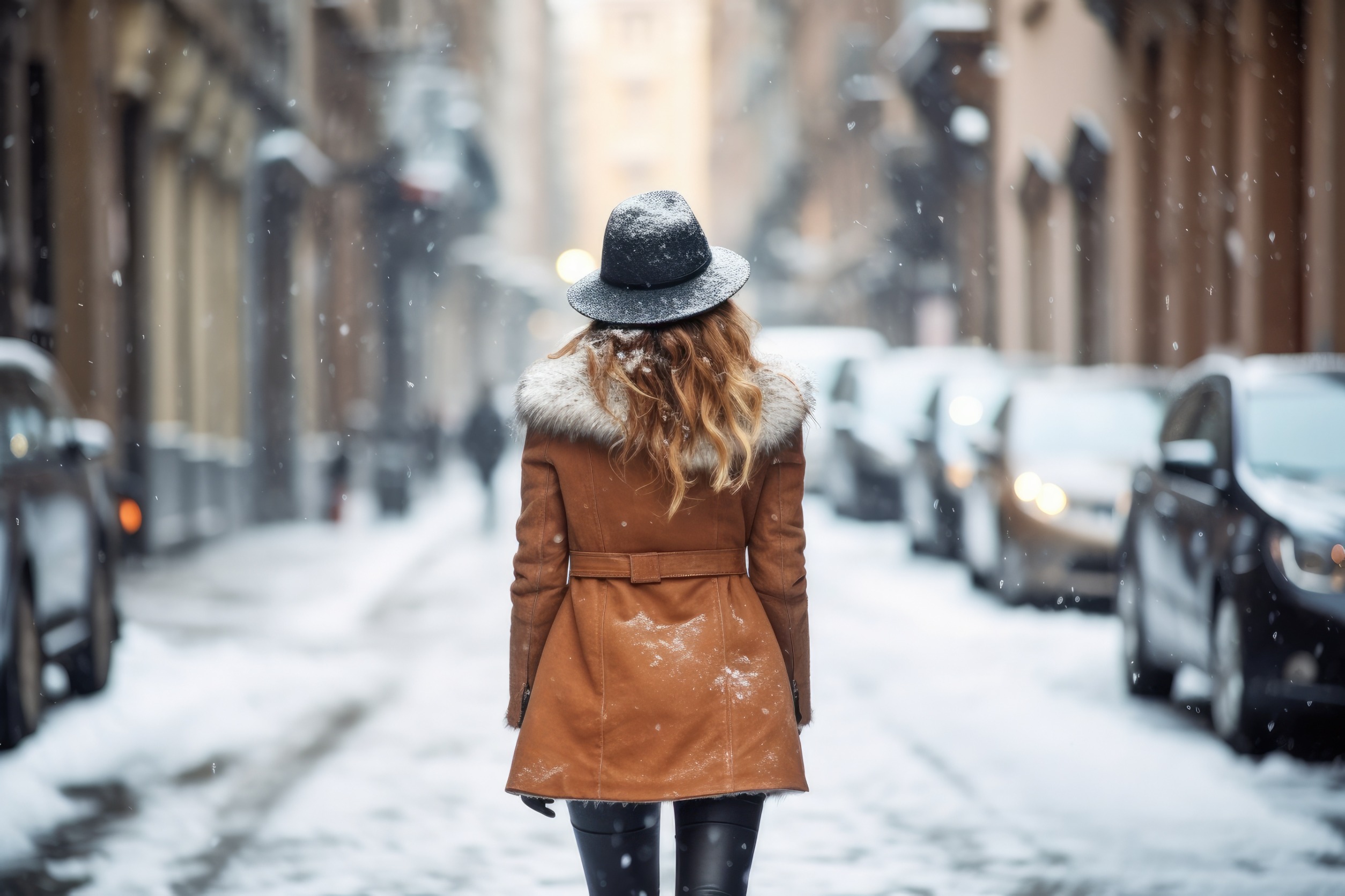 Une femme portant un chapeau et un manteau marchant dans une rue enneigée