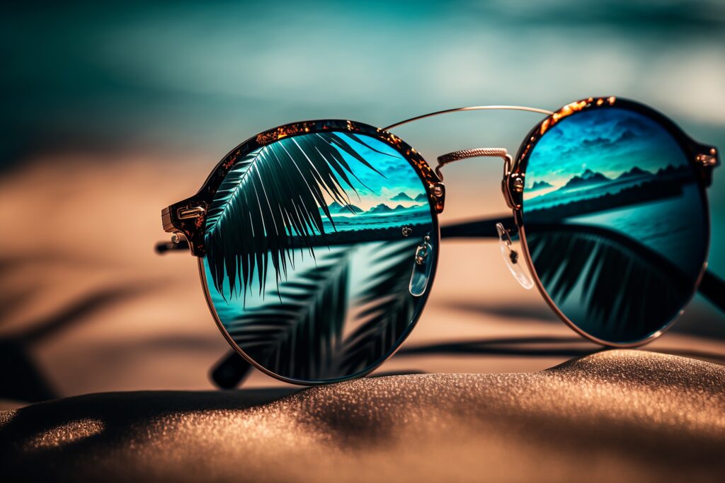Une paire de lunette de soleil homme posée sur le sable fin de la plage, avec reflet des feuilles d'arbre et de la mer dans les verres