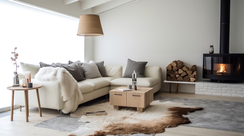 Plan large d'un salon avec un design d'intérieur de style minimaliste scandinave avec au sal un tapis peau de vache