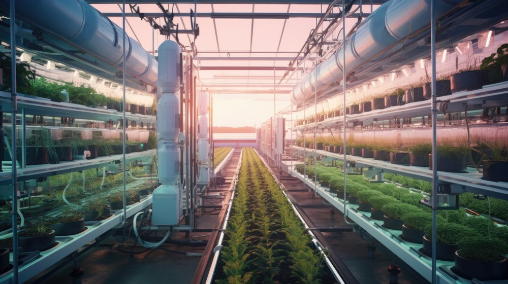 Photo vue de l'intérieur d'une serre de jardin industrielle pendant le levée du soleil avec des étagères de plantes vertes.