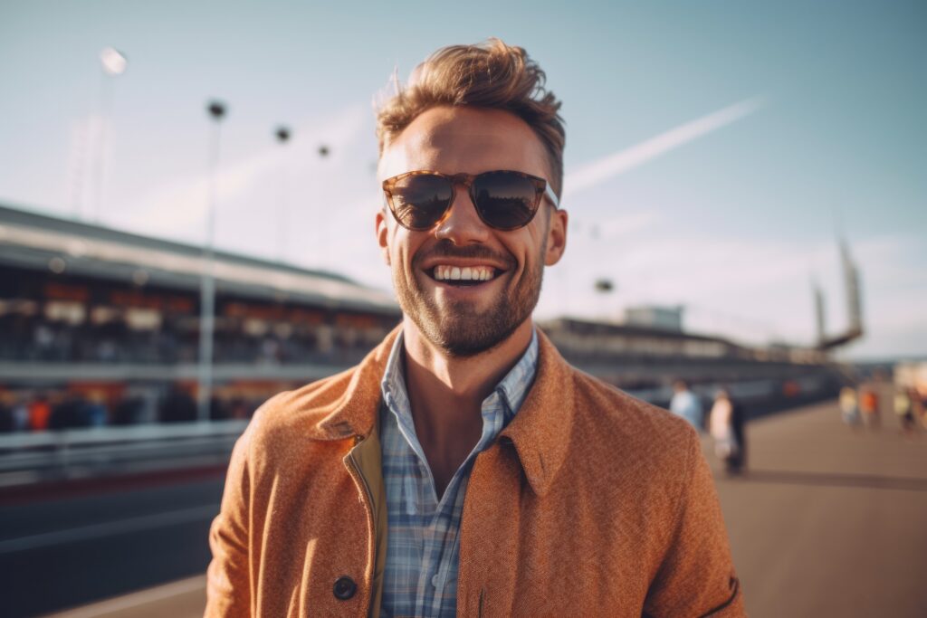 Un homme à l'extérieur d'un bâtiment, porte ses lunettes de soleil et sourit
