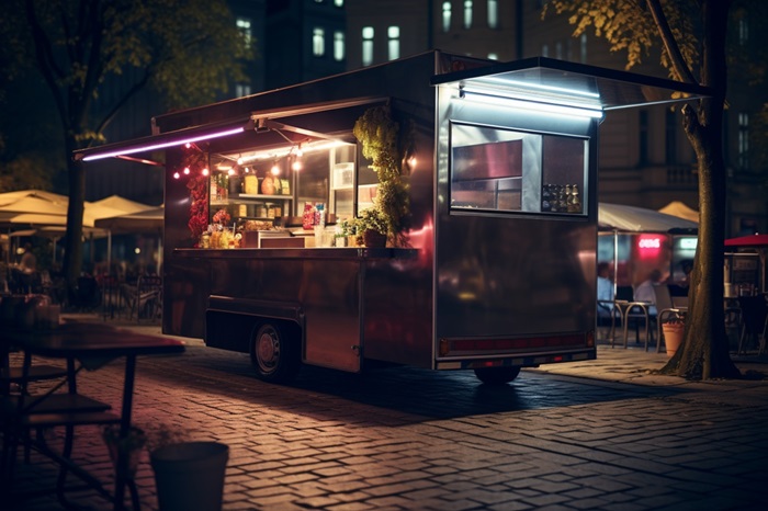 Un kiosque à pizza sous la forme d'un food truck dans une rue la nuit