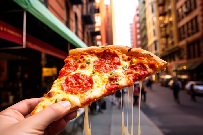 Une tranche de pizza dans la main d'un homme, dans une rue. Concept de kiosque