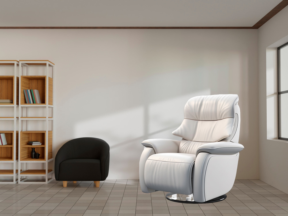 fauteuil relaxant une place dans un fauteuil, en arrière plan un fauteuil cossi de couleur noir dans un salon moderne