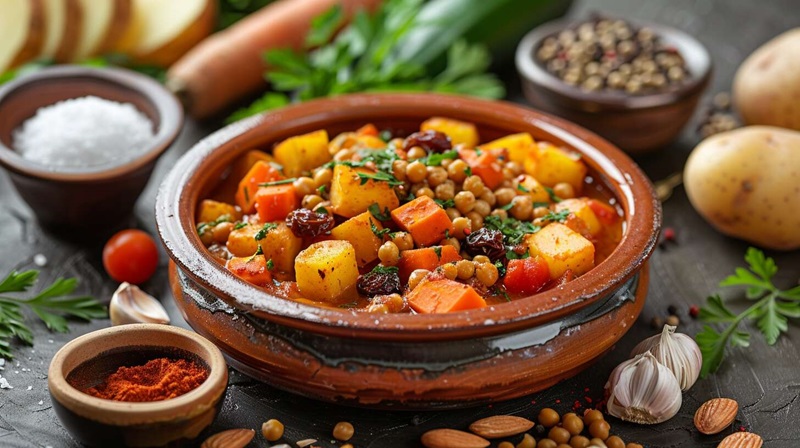 tajine de légumes racines au millet à la cuisine, entouré des ingrédients