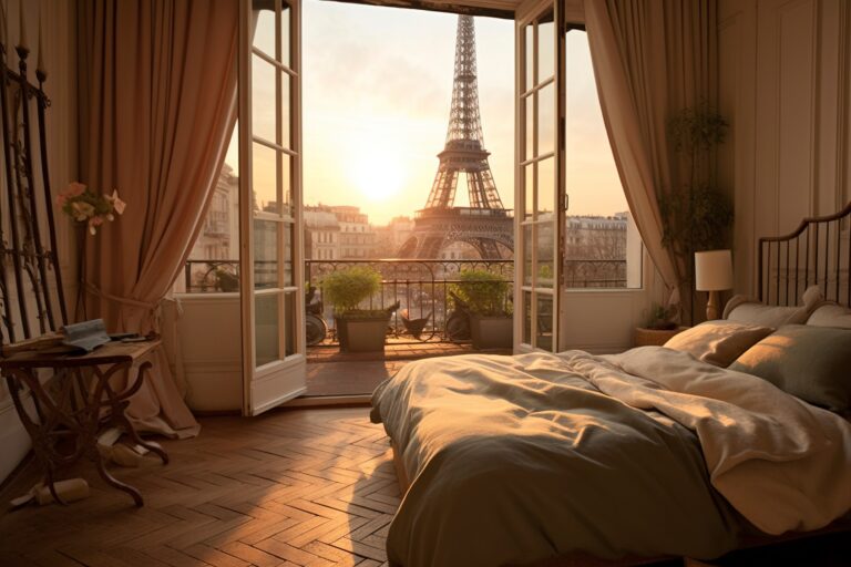 Chambre d'hôtel avec vue sur la tour Eiffel