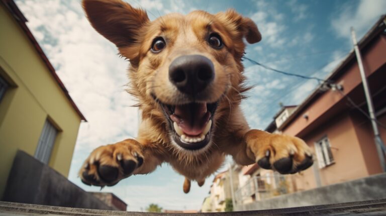 Un chien heureux saute face à l'objectif de l'appareil photo, la gueule ouverte dans les airs