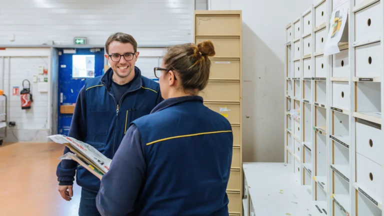 Des agents du Groupe La Poste échangent dans les locaux d'une agence