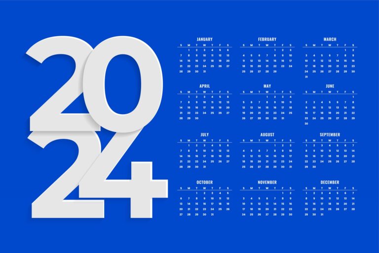 Calendrier 2024 élégant pour imprimer et décorer la chambre. Calendrier bleu, avec toutes les dates en blanc.