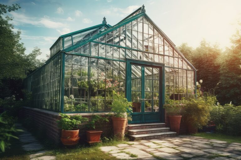 Photo vue de l'extérieur d'une serre de jardin en verre