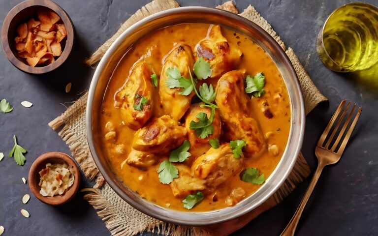 Poulet coco curry encore chaud servi dans un récipient neuf et décoré de quelques feuilles de percils. Photo gros plan