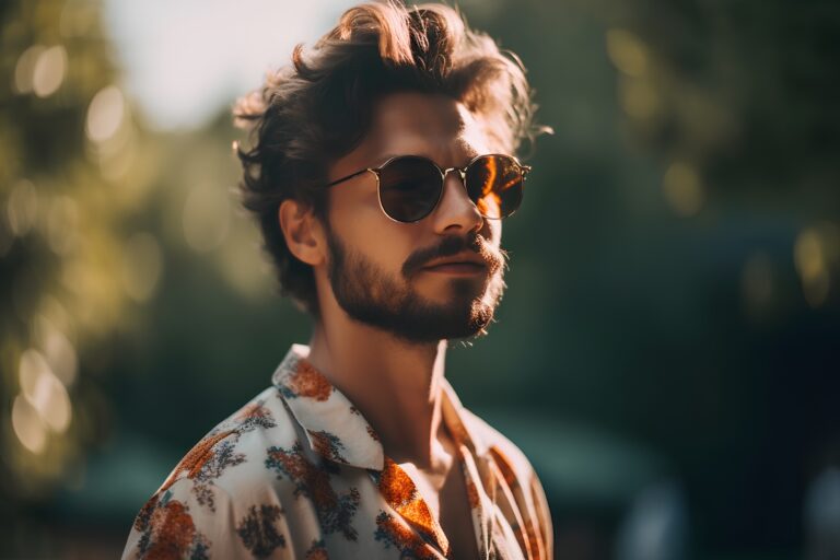 Plan large d'un jeune homme portant des lunettes de soleil adaptées. Concept de mode beauté pour hommes