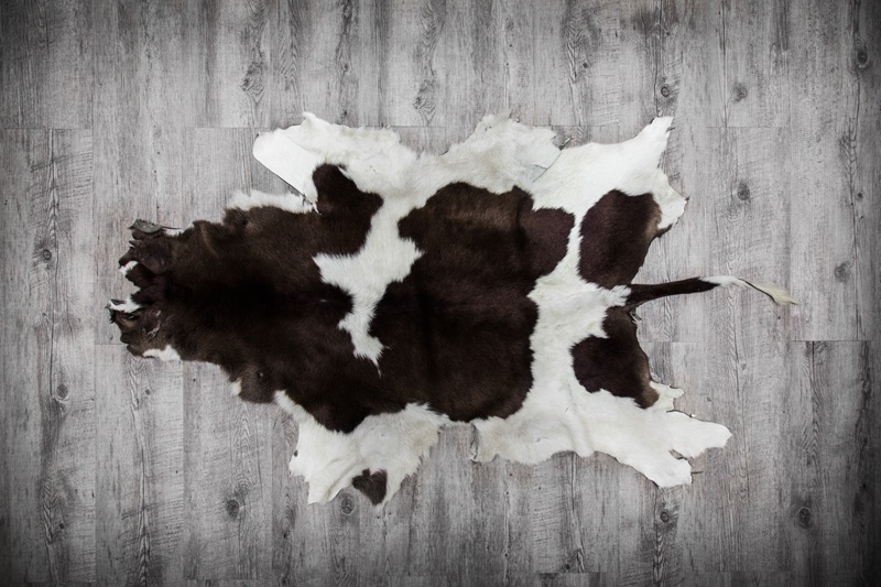 Photo vue d'en haut d'un tapis en peau de vache sur un sol en bois stratifié
