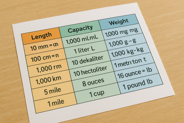 un tableau de conversion sur une table
